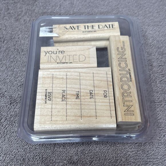 Wood Wooden Stamps Lot Introducing You’re Invited Save The Date RSVP Stampin Up - Picture 5 of 6